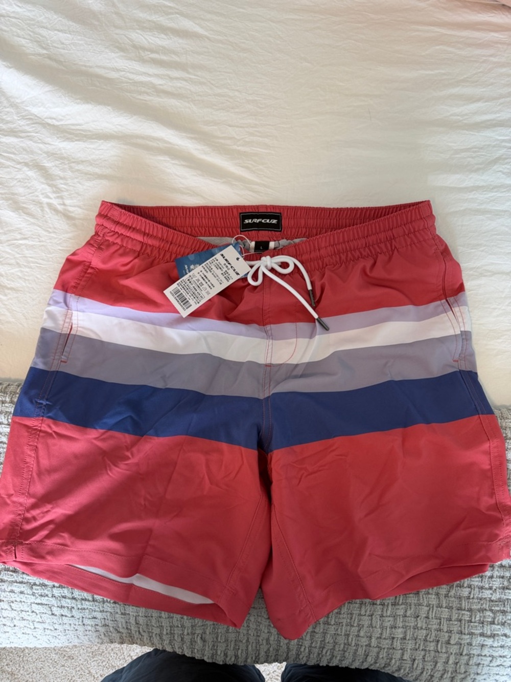 SurfOla Men's Red Striped Swim Trunks